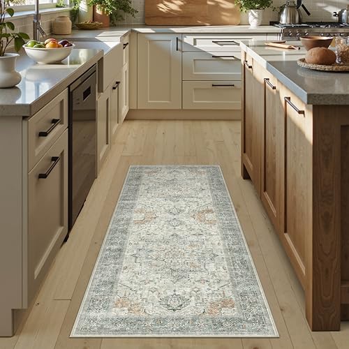 Brown 2x8 Runner Rug Washable Vintage Long Carpet for Hallway Kitchen Soft Retro Floral Low Pile Indoor Runner Non Slip Traditional Distressed Rug for Bathroom Bedroom Laundry Dining Room 2'
