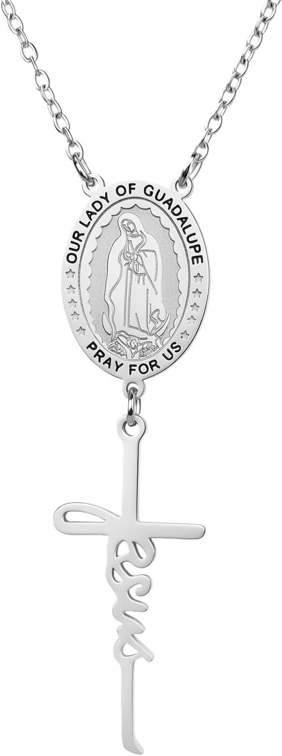 HURUMA Mary Necklace Stainless Steel Rosary Bead Jesus Cross Pendant Adjustable Y Chain Crucifix Jewelry for Women Faith Religious Gift Christian Catholic, Silver 1