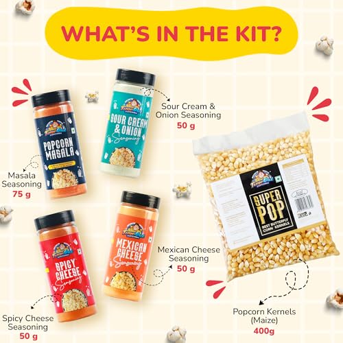Image of Time Out Popcorn DIY Gift Hamper Kit, Popcorn Kernels (Maize) 400g with 4 seasoning Mexican Cheese, Spicy Cheese, Sour Cream Onion & Popcorn Masala
