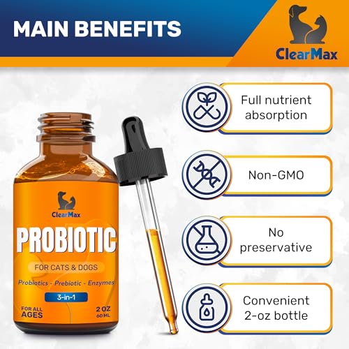 Liquid Probiotics for Dogs and Cats – 6 Billion CFU Pet Digestive Support – Dog Probiotics with Enzymes – Cat Probiotic Supplement – 2-oz Bottle