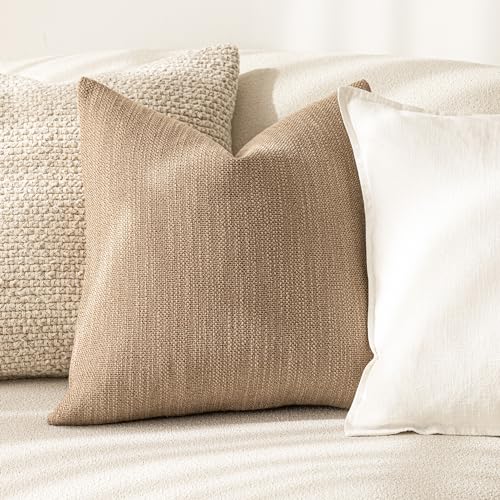 Image of Foindtower Set of 2 Decorative Textured Burlap Linen Throw Pillow Covers Farmhouse Boho Cushion Cover Solid Accent Pillowcase for Couch Sofa Bed Living Room Home Decor,18x18 Inch,Khaki Camel