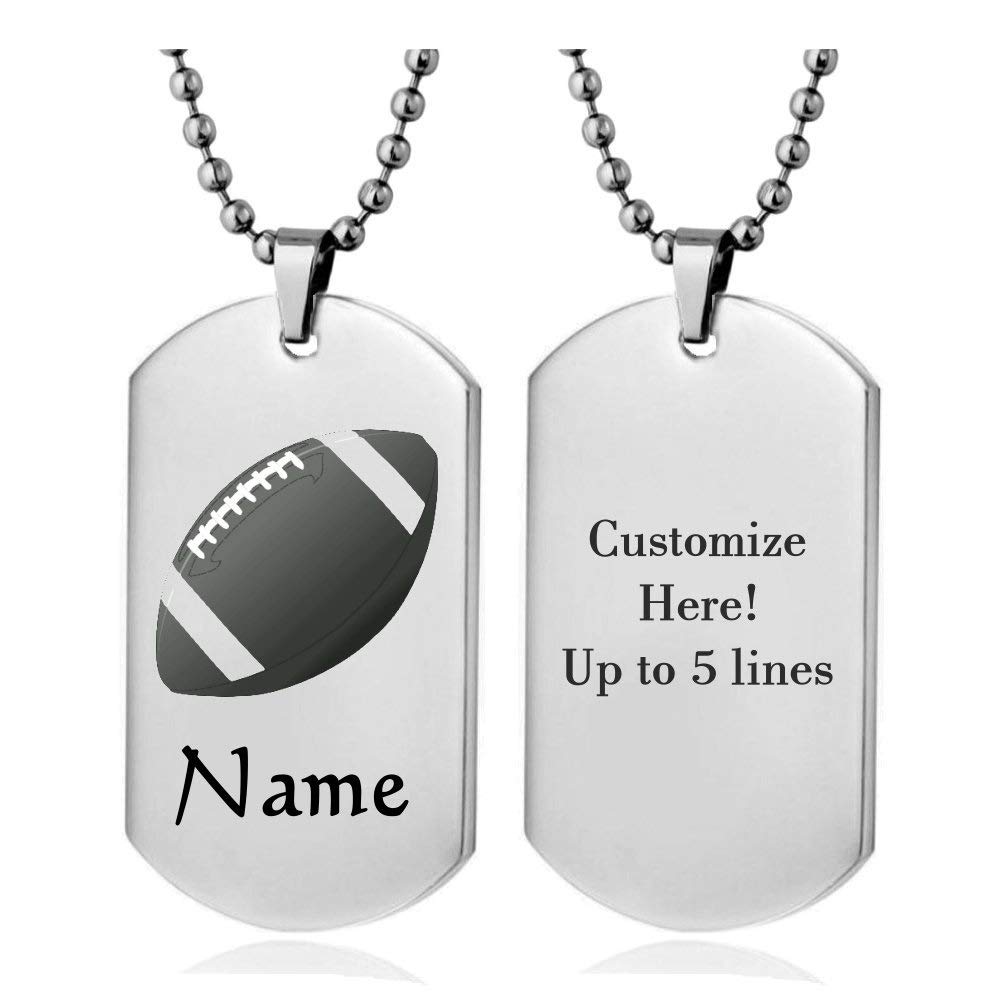 Personalized Sport Silhouette Customize Engrave Message Name Dog tag Necklace Pendant 24 inch Stainless Steel Chain Giftpouch and Keyring (Silver Football)