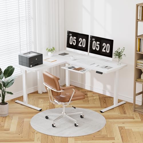 Image of FLEXISPOT L Shaped Standing Desk with Drawer, 63 x 55 Inch Electric Height Adjustable Corner Desk, Sit Stand Computer Workstation, Preset Controller, Home Office, White Frame with White Top
