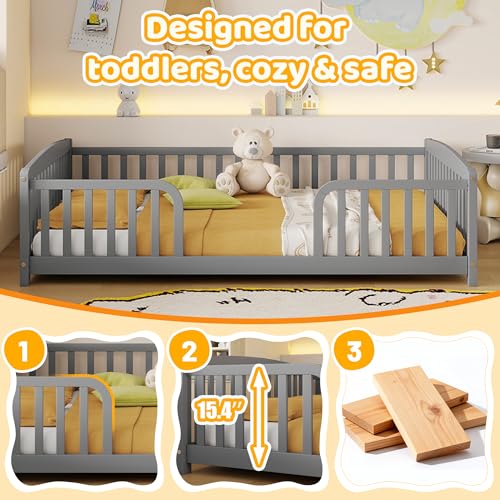 Image of Bellemave Full Size Montessori Floor Bed Frame with High Fence, Solid Wood Kids Floor Bed with Central Entrance, Low Profile Bed for Boys & Girls, Rounded Corner Design,Gray