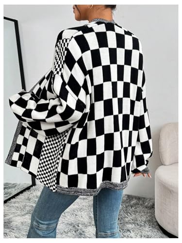 Image of MakeMeChic Women's Checkered Plaid Cardigan Sweater Long Sleeve Open Front Oversized Cardigans