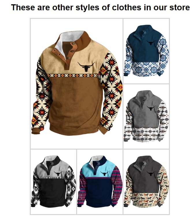 MARSVOVO Men'S Aztec Western Sweatshirt 1/4 Button Plus Size Cowboy Pullover Fall Winter Warm Hoodie Long Sleeve4