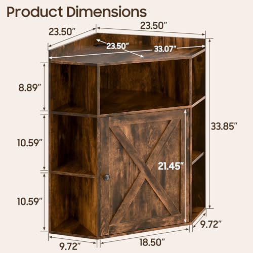 Image of Halitaa Corner Storage Cabinet, Farmhouse Corner Bookshelf with Storage 6-Cubby Wooden Cabinet with USB Ports and Outlets Industrial Organizer for Small Space, Study, Playroom, Living Room