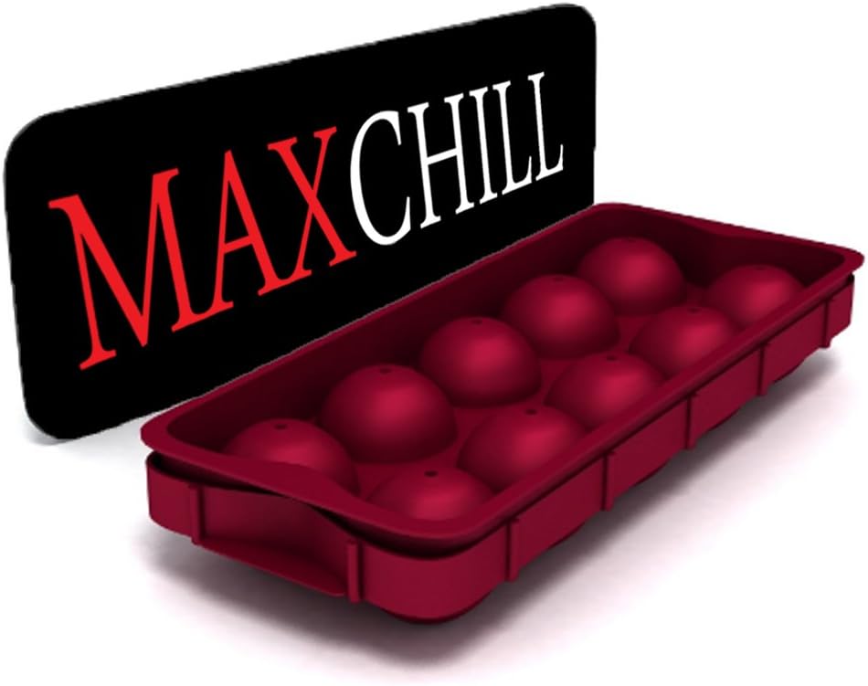 MaxChill Ice Ball Maker - Make Spherical Ice Balls for All Your Drinks | 10 Cavity Mould Made with Premium Food Grade Silicone | Designed for All Glass Sizes Incl Free Transfer Tray in Burgundy Wine