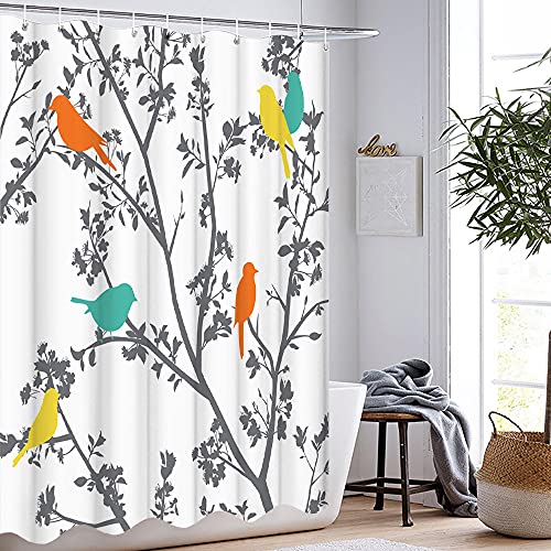 Birds Shower Curtain Watercolor Cute Lovely Bird Silhouette On Tree Branch Teal Green Yellow Animals Bathroom Decor Fabric Bath Set Polyester 72X72 Inch 12 Pack Hooks #TOP4
