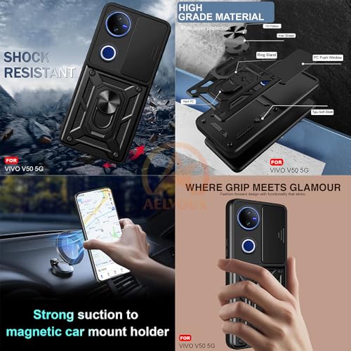 Image of Armor Bumper Back Cover Case for Vivo V50 /V50e /Vivo T4R /V50 Elite Edition /iQOO Z10R 5G Rotating Camera Cover, Ring Holder & Kickstand | Heavy Duty & 360 Degree Protection Back Cover (Black)