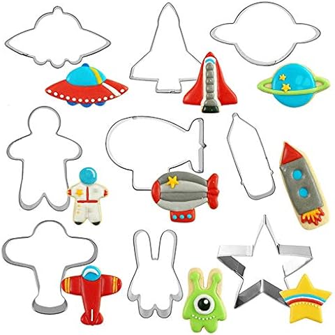 Stainless Sandwich Cutters Set,Food Grade Biscuit Mold Cake Cookie Cutter,UFO & Shuttle & Spaceman & Rocket & Plane & Alien & Star Shape Cutter for Bento Lunch or Party Supplies - 9Pack (Universe) Cover