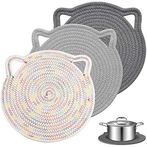 YONOVO 12" Cotton Trivets Set, 3Pcs Cute Cat Ear Large Pot Holders Woven Hot Pads Mats Thick Heat Resistant for Hot Pots and Pans Round Hot Plate Holder Washable Potholders Kitchen Gift(Gray) Cover
