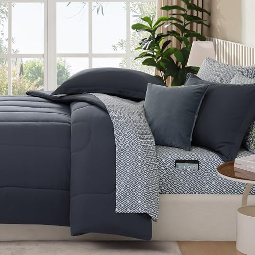 Image of Monbix King Size Comforter Set - 7 Pieces Bed in a Bag King, Blue Grey Track Stitching Bedding Sets with Comforter, All Seasons Comforter Bed Set with Sheets, Pillowcases & Shams
