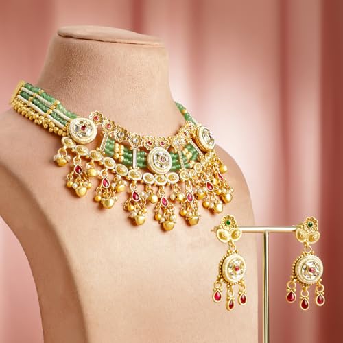 Image of Rubans Gold Plated Traditional Necklace Set with Jhumka for Women