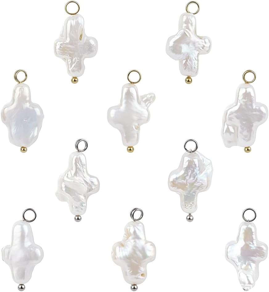 NBEADS 10Pcs 2 Colors Natural Pearl Cross Charm, Cross Pearls Connector Links Summer Crucifix Pearl Charms with Loops for Necklace Earrings Bracelets Jewelry Making DIY Crafts
