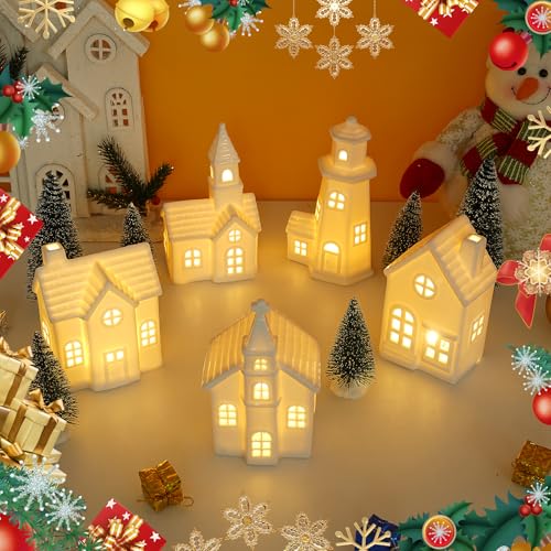 Luxstyra 11Pcs White Ceramic Christmas Village Houses with Timer - image 5