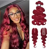 Anmetan Red Burgundy Bundles with Closure Human Hair Body Wave, Thick 3 Bundles with 2x6 Closure Human Hair HD Transparent Lace Deep Part Colored Cherry Red Light Burgundy Wavy Weave 10 12 14 +10 Inch