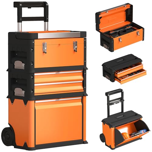 HOMCOM 3-in-1 Rolling Tool Box Stackable Modular Powder Coated Steel Toolbox with Tray Handles Latches Wheels Heavy Duty Tool Storage System for Workshop Garage 520mm x 320mm x 720mm Orange