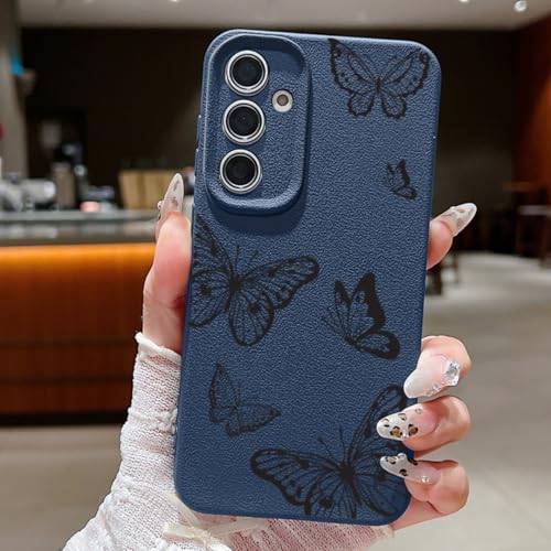 Coque Samsung A26 5G bleu avec papillon en cuir souple, étui de protection fine anti-choc