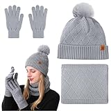 Set de Bufanda Gorro y Guantes para Mujer 3 Piezas Invierno Gorro de Punto Termicos Guantes Tactiles Bufanda Conjunto con Forro Polar Invierno Regalos para Navidad, Gris