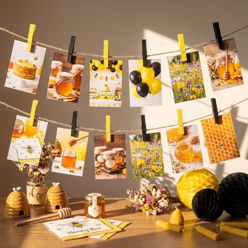 Amyhill 100 Pcs Yellow and Black Wooden Clothespins with Natural Jute Twine Summer Photo Clips Snack Close Laundry Clip Cartoon Wood Food Peg for Pictures Display Hanging Clothes Home Party Wedding