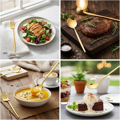 Image of 20 Pcs Gold Cutlery Set for Dining Table the Perfect Lightweight Silim Handle Tableware Including Dinner Spoon, Dinner Fork, Dinner Knife, Dessert Spoon & Dessert Fork