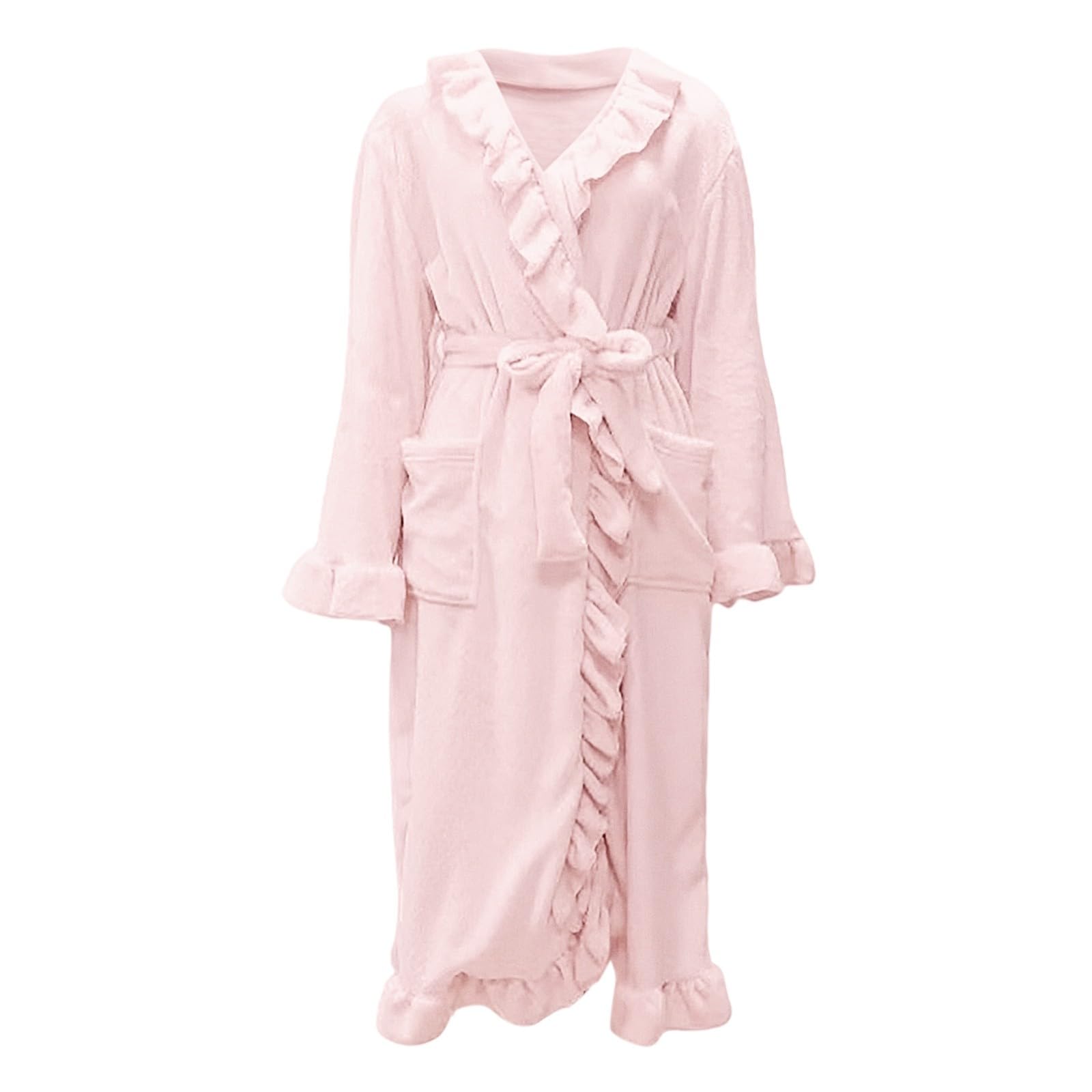 Generisch Damen Einfarbiger Flanell-Bademantel Langärmelig Thermo Loungewear Kimono Hausmantel für Komfort Elegante Winterbekleidung mit Kragen Gürtel Taschen