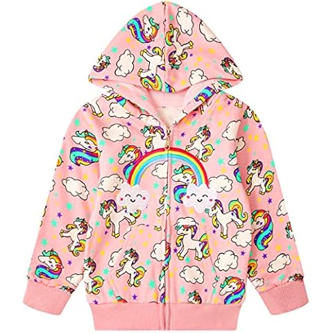 RETSUGO Girls Zip Up Hoodie Jacket Toddler Unicorn Rainbow Sweatshirt Kids Hooded Coat Casual Outerwear Size 2-7 Years, Pink Unicorn, 7 Years Cover