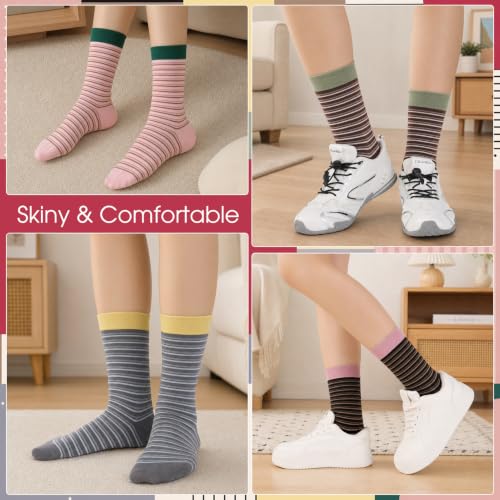 Image of Jspupifip 6 Pairs Womens Strip Crew Socks Cute College Style Ribbed Socks | Combed Cotton, Elastic Ribbed, Retro Stripe, for Work, Commuting, Shopping, Dating, Birthday, Sports, Home, Office