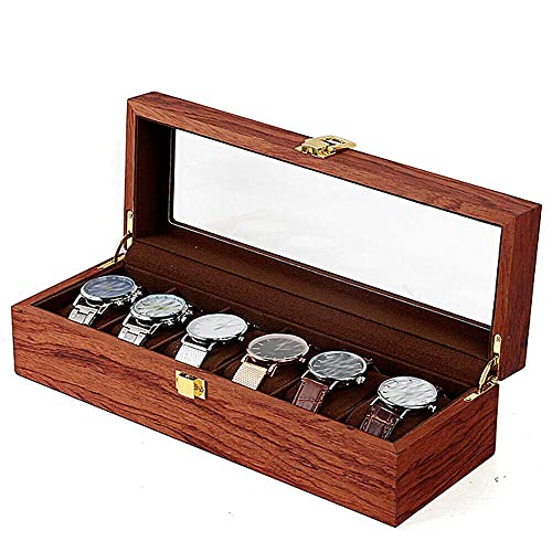 Uhrenbox, Uhrenschatulle 6 Slot Uhrenkasten Uhrenkoffer Holzvitrine mit Glasdeckel für Brillen Uhren Ringe Schmuckstücke(Rosenholzmaserung, Holz und Samttuch) Cover