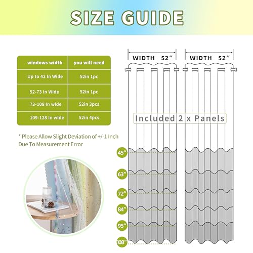 Image of 52x108 Mix & Match Double Layer Laser-Cut Stars Gradient Blackout Curtains with Foil Print Sheer, 2 Panels Set - Green Yellow Blue