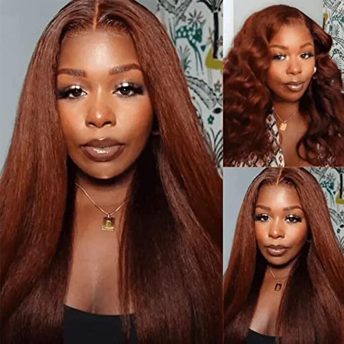 Unice Reddish Brown Kinky Straight 13X4 Lace Front Wigs Glueless Human Hair For Women,Brazilian Remy Hair Yaki Straight Auburn Brown Colored Wig Pre Plucked With Baby Hair 150% Density 24Inch #TOP7