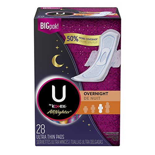 U by Kotex AllNighter Ultra Thin Overnight Feminine Pads with Wings, Unscented, 84 Count (3 Packs of 28)