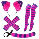 Pink and Purple Striped Cat Costume for Girls Women Halloween Cosplay Accessories, Cat Ears, Furry Tail, Striped Socks for Halloween Dress up