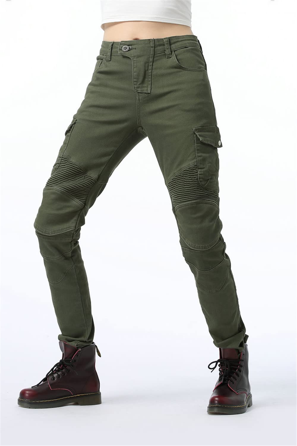 LINGKY Pantaloni da Moto da Donna Equitazione Pantaloni Motorcycle Biker Jeans Protezione Rinforzato Ginocchio Anca Pads (ArmyGreen,S)