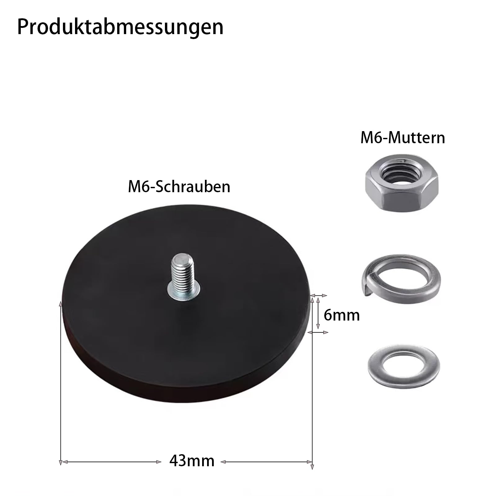 6 Stück Magnet mit Gewinde Neodym Magnete Gummiert 43mm Extra Stark mit M6 Außengewinde 15kg Haftkraft Starke Magneten Anti-Rutsch Magnetischer Montagesockel