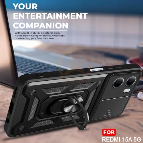 Image of Armor Bumper Back Cover Case for Redmi 15A 5G | Rotating Camera Cover, Ring Holder & Kickstand | Heavy Duty & 360 Degree Protection Redmi 15A 5G Back Cover (Black)