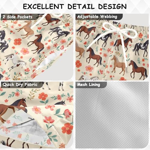 Boys Swim Trunks Quick Dry UPF 50+ Beach Board Shorts Kids Bathing Suits Swimsuit 2T Horse Flowers Grass3