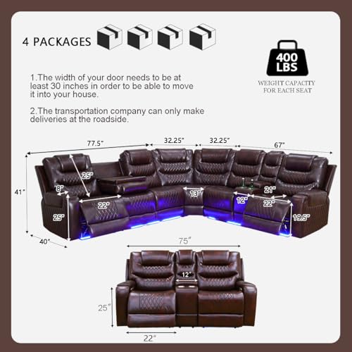 Image of Leather Power Recliner Sectional Sofa Set with LED, Breathing Leather Reclining Corner Couch & Loveseat, L-Shaped Recliner Sofa Power Loveseat with Cup Holders /Storage for Living Room