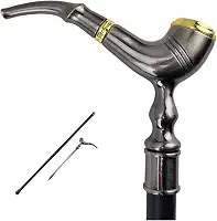 Bengala de Defesa Estilo Cachimbo com Punhal Oculto, Cinza Metálico e Dourado, Bastão para Caminhada com Acessórios