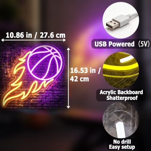 Image of Basketball Neon Sign for Wall Decor Light Up Sign Led Signs for Room Party Home Wall Decor USB Powered