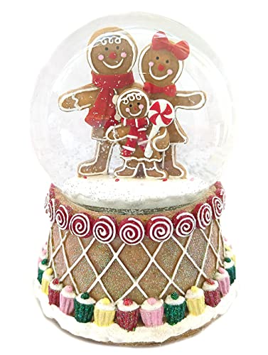 Schneekugel mit Lebkuchenfiguren als Spieluhr und bunt verziertem Sockel mit Musik, Licht und Schneeantrieb, batteriebetrieben, Kugeldurchmesser: 100mm, Höhe: 14cm, Lied: „Jingle Bells“ Cover