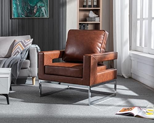 CIMOTA PU Leather Armchair Modern Accent Chair Upholstered Comfy Single Chair Barrel Chair with Open Back/Chrome Base for Living Room/Corner, Brown, 1PC