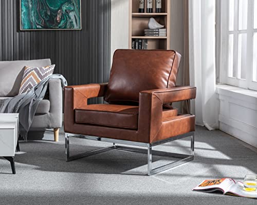 Cimota Pu Leather Armchair Modern Accent Chair Upholstered Comfy Single Chair Barrel Chair With Open Back/Chrome Base For Living Room/Corner, Brown, 1Pc #TOP19