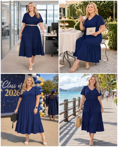 Image of Women's Plus Size Summer Dresses Floral Casual Tiered Midi Dresses V-Neck Short Sleeve Long Maxi Dress with Pockets