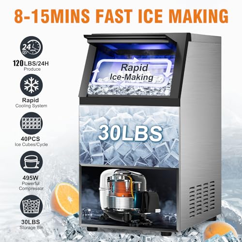 Rapsuar LMB40 Commercial Ice Maker Machine, 120Lbs/24H With 30Lbs Storage Bin, 40Pcs Ice Cubes 6Mins, 2-Way Add Water Under Counter Freestanding Ice Maker Commercial For Home Bar Office thumb #1