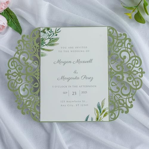 Ponatia 001-16 25Pcs 5.12 X 7.1 '' Sage Green Laser Cut Wedding Invitations Cards thumb #4