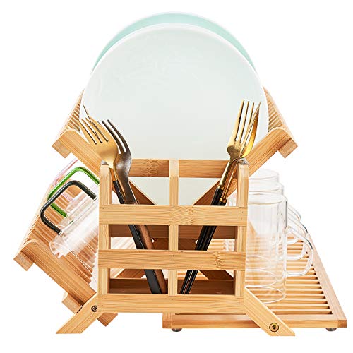 Collapsible 3-Tier Bamboo Dish Drying Rack with Utensil Holder for Kitchen Counter