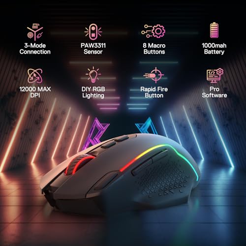 Image of Redragon M810 MAX 3-Mode Wireless Gaming Mouse, Upgraded 12000 DPI Wired /Wireless RGB Mouse w /Rapid Fire Key, 8 Macro Buttons, 188-Hour Reliable Power Capacity for PC /Mac /Laptop