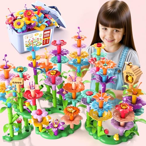 BLmukce 148PCS Flower Garden Building Toys for Girls Boys Age 3-5 Creative Floral Arrangement Playset with Storage Box Educational Garden Toys for Toddlers